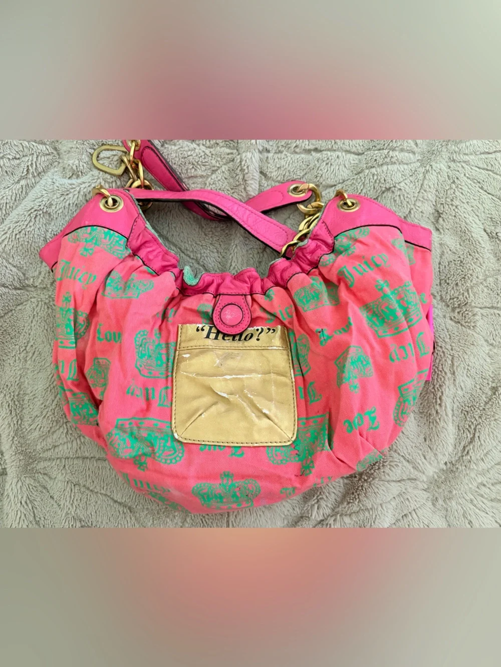 Vintage Juicy Couture 2007 Juicy Royal Velour Hobo Bag Green Pink Crown Y2K